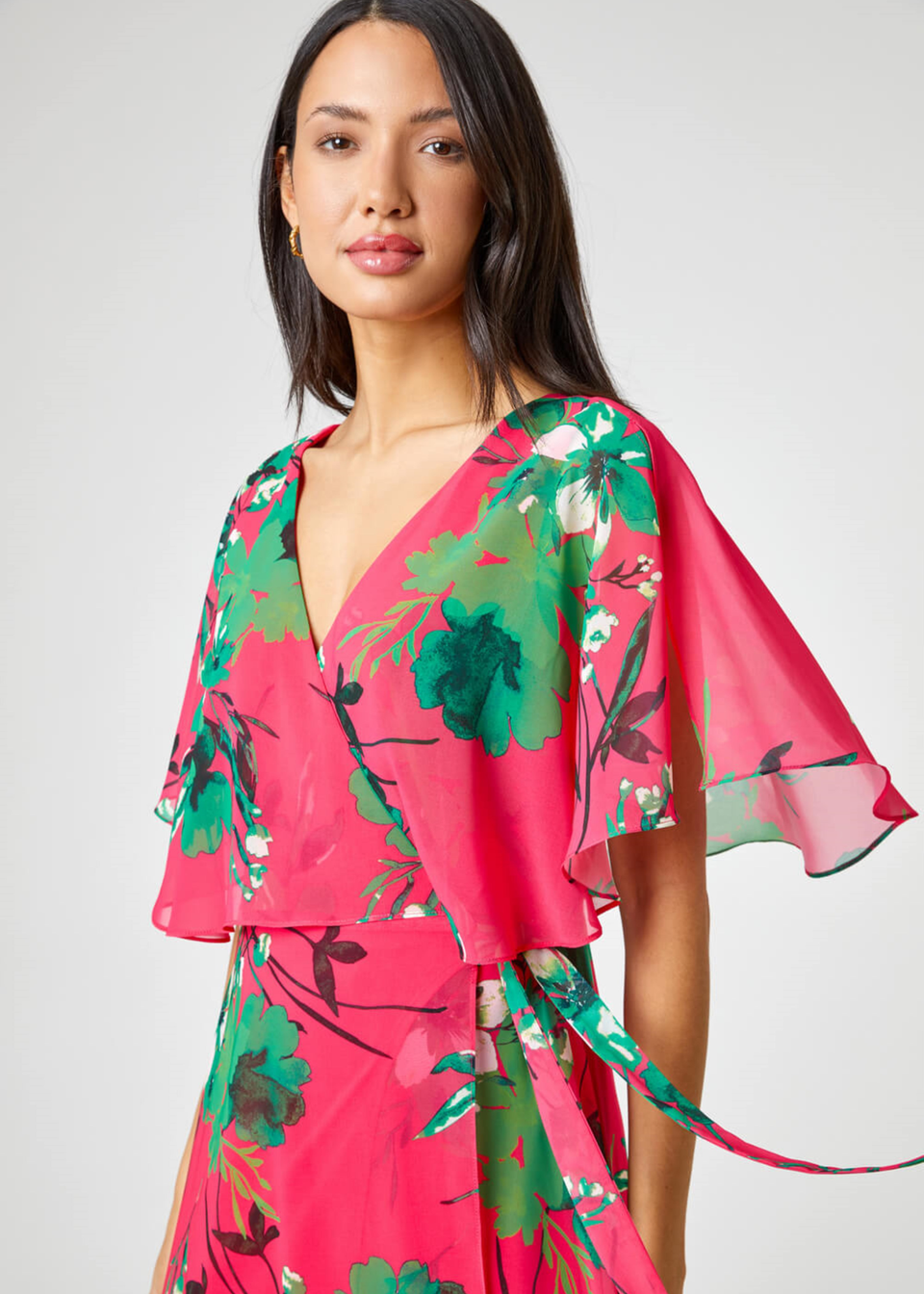 Roman Pink Floral Print Frill Cape Wrap Dress