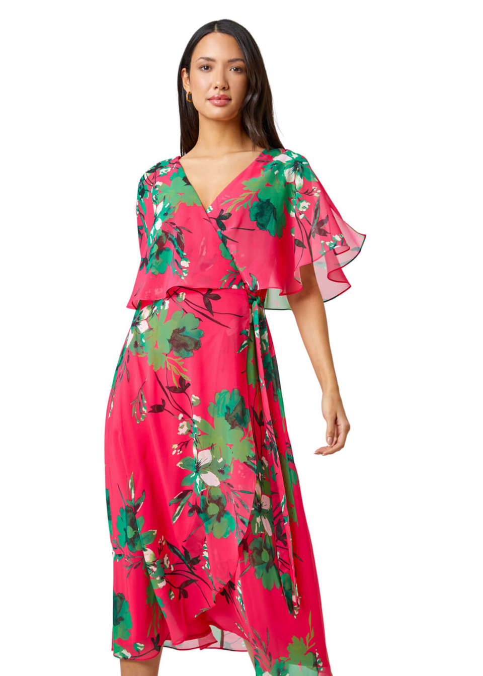 Roman Pink Floral Print Frill Cape Wrap Dress