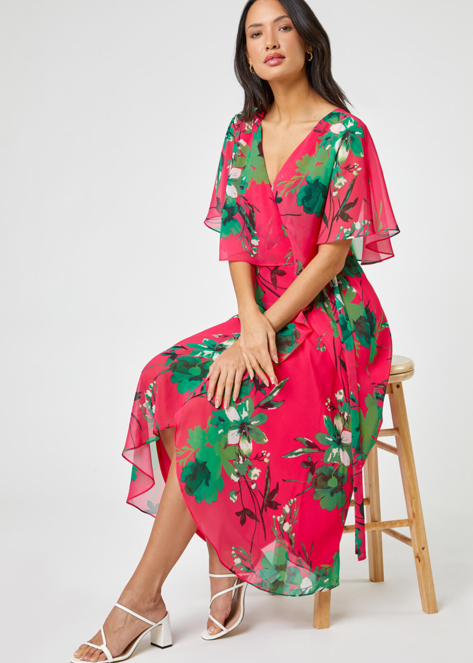 Roman Pink Floral Print Frill Cape Wrap Dress - Matalan