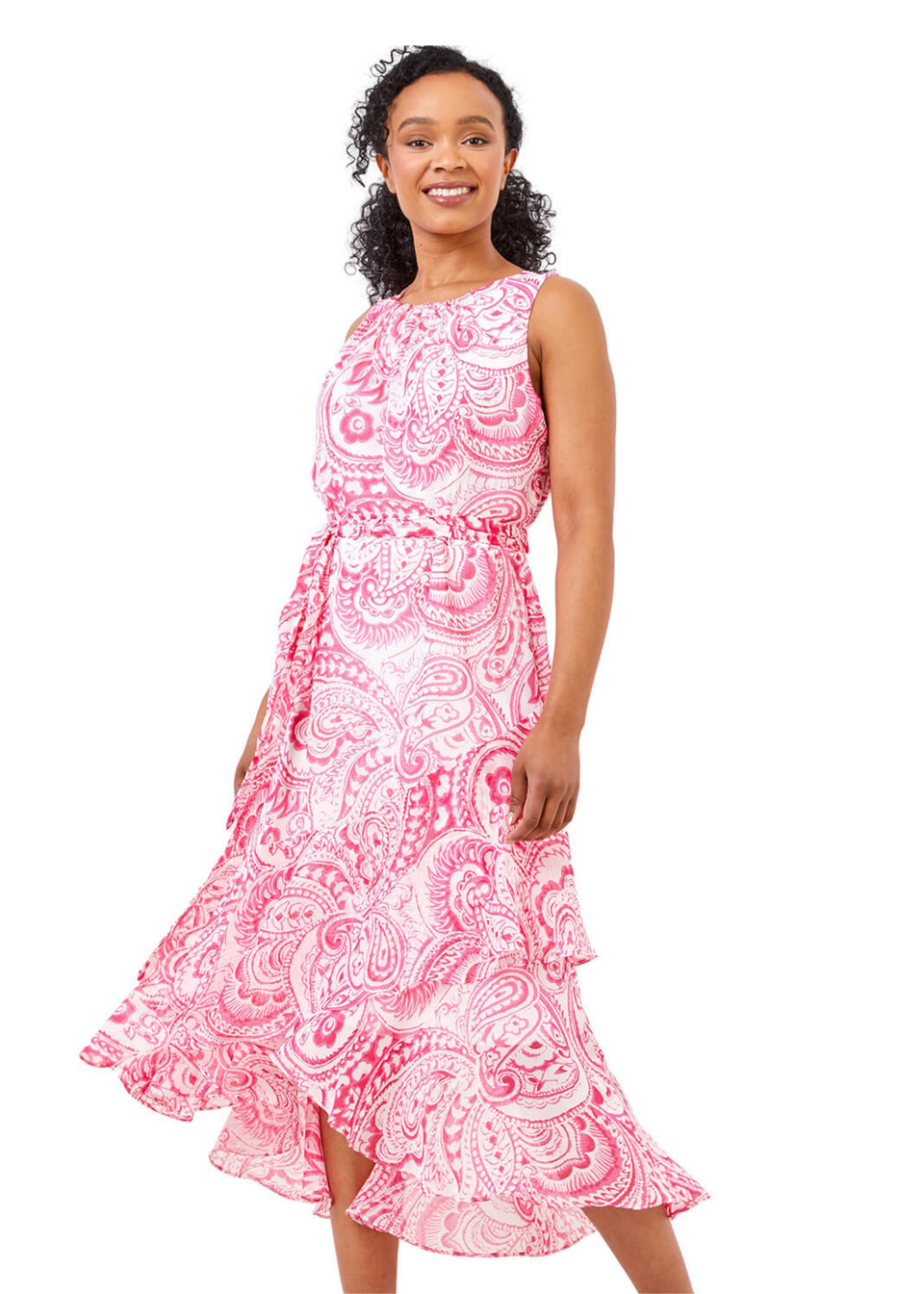 Roman Pink Petite Paisley Print Dipped Frill Hem Dress