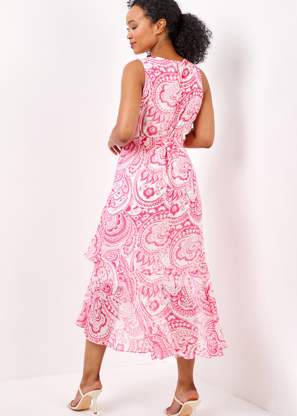 Roman Pink Petite Paisley Print Dipped Frill Hem Dress