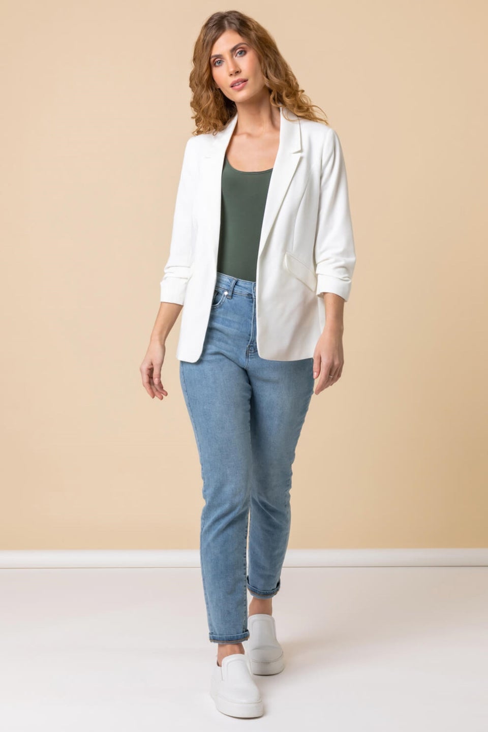 Roman Ivory Ruched 3/4 Sleeve Stretch Blazer