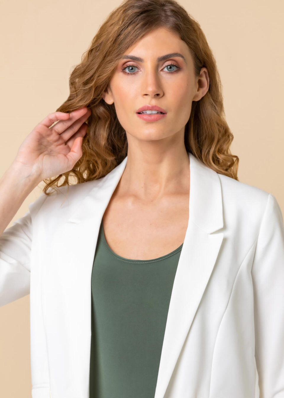 Roman Ivory Ruched 3/4 Sleeve Stretch Blazer