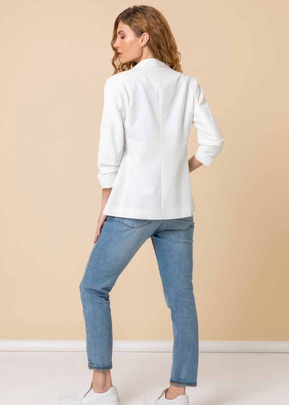 Roman Ivory Ruched 3/4 Sleeve Stretch Blazer