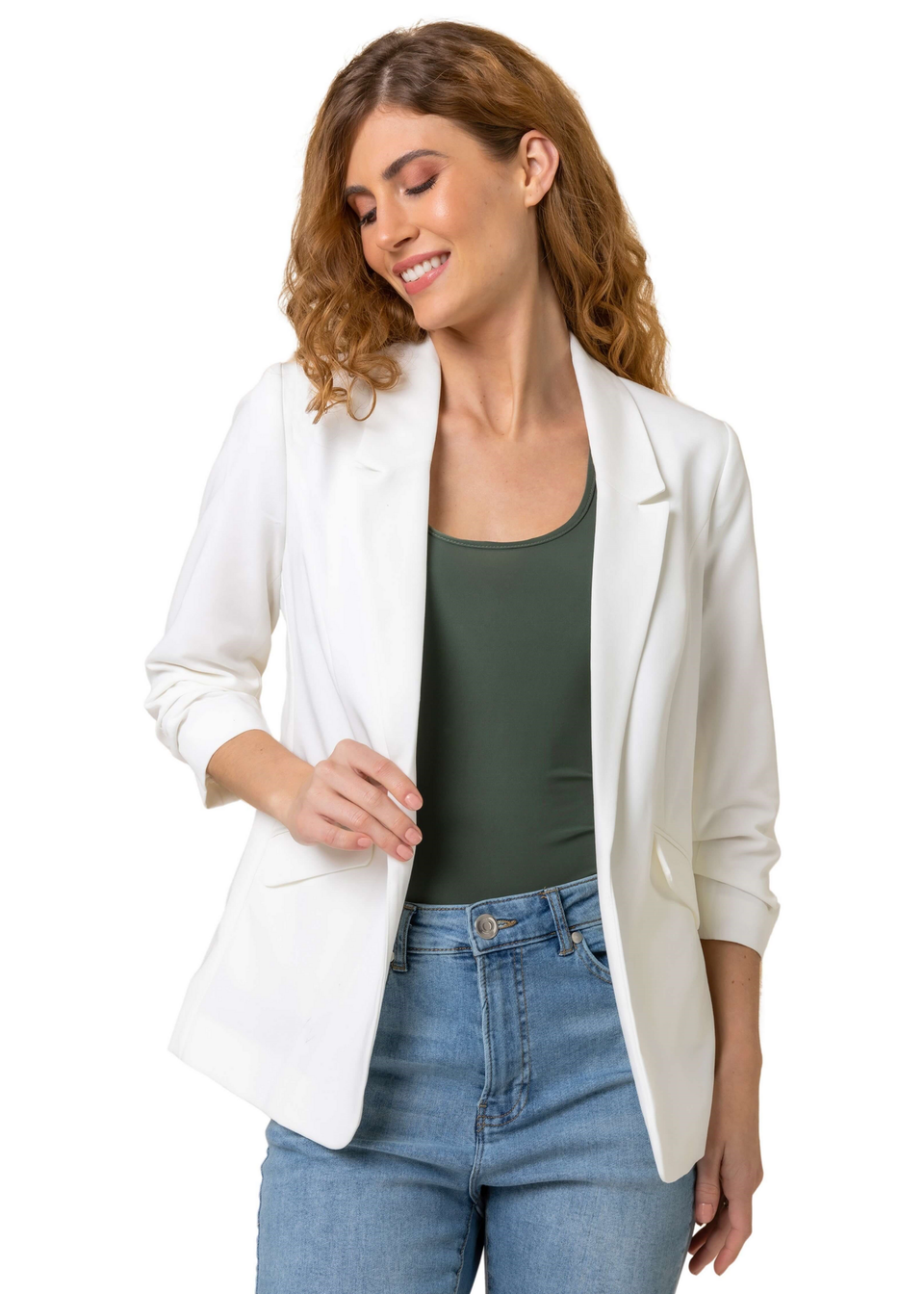Roman Ivory Ruched 3/4 Sleeve Stretch Blazer