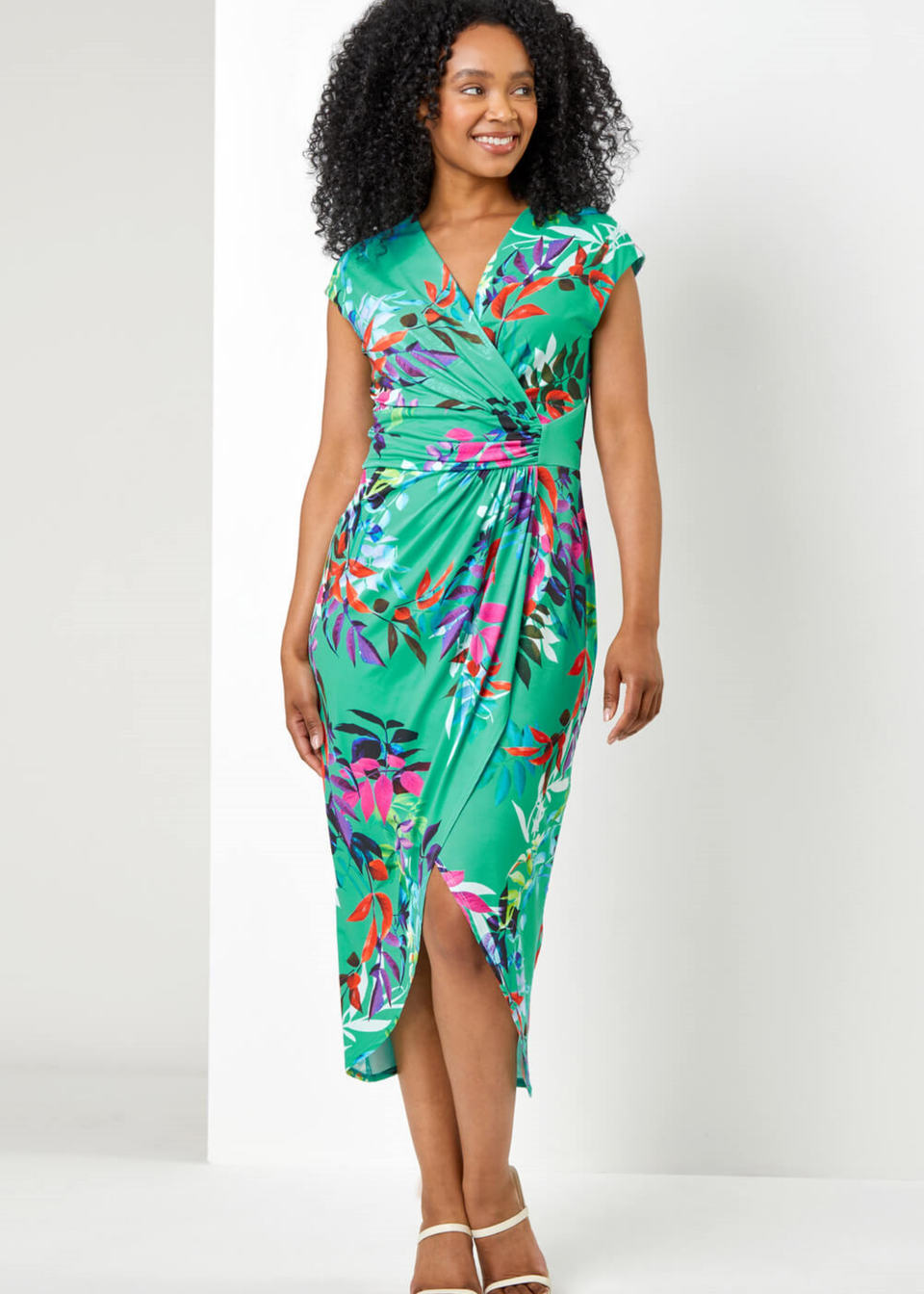Roman Green Petite Tropical Print Ruched Wrap Dress