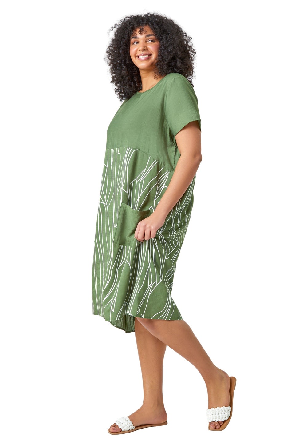 Roman Khaki Curve Contrast Print Pocket T-Shirt Dress