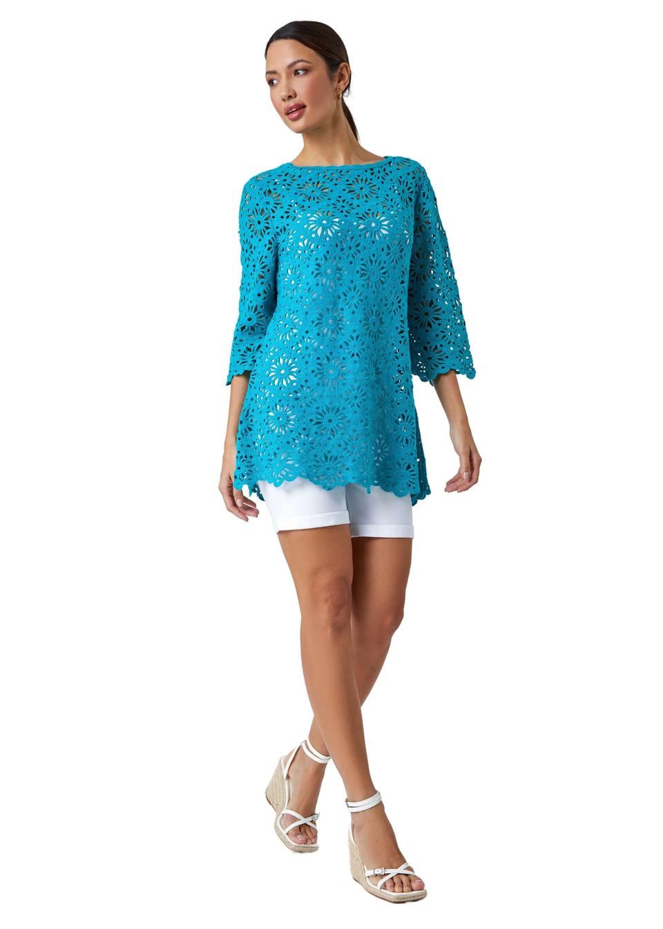 Turquoise Floral Cotton Crochet Top
