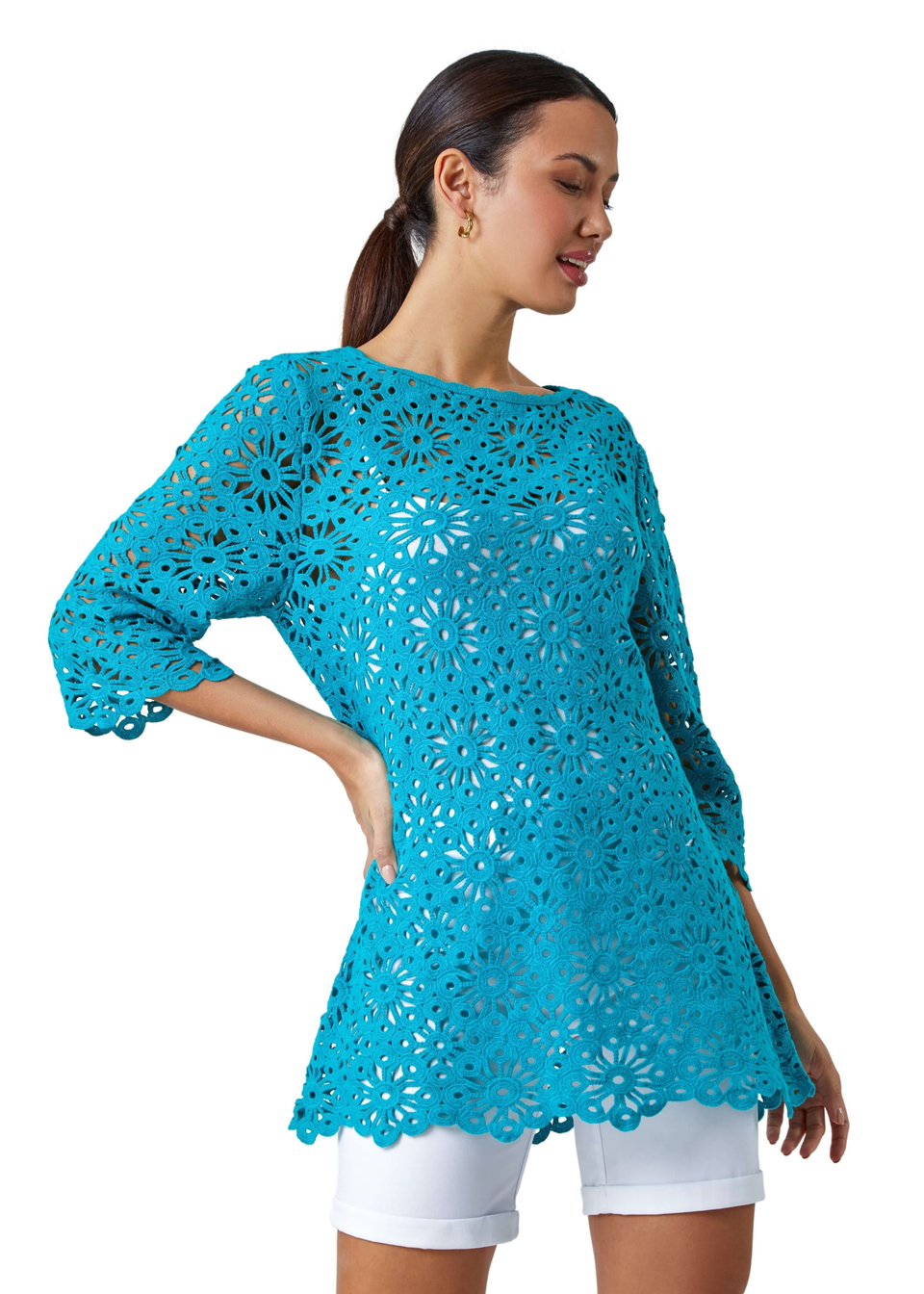 Turquoise Floral Cotton Crochet Top
