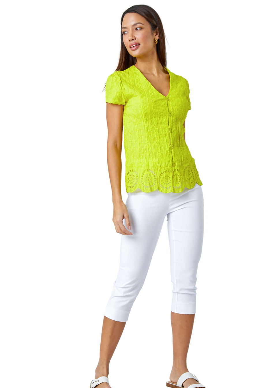 Roman Lime Cotton Embroidered Crinkle Blouse