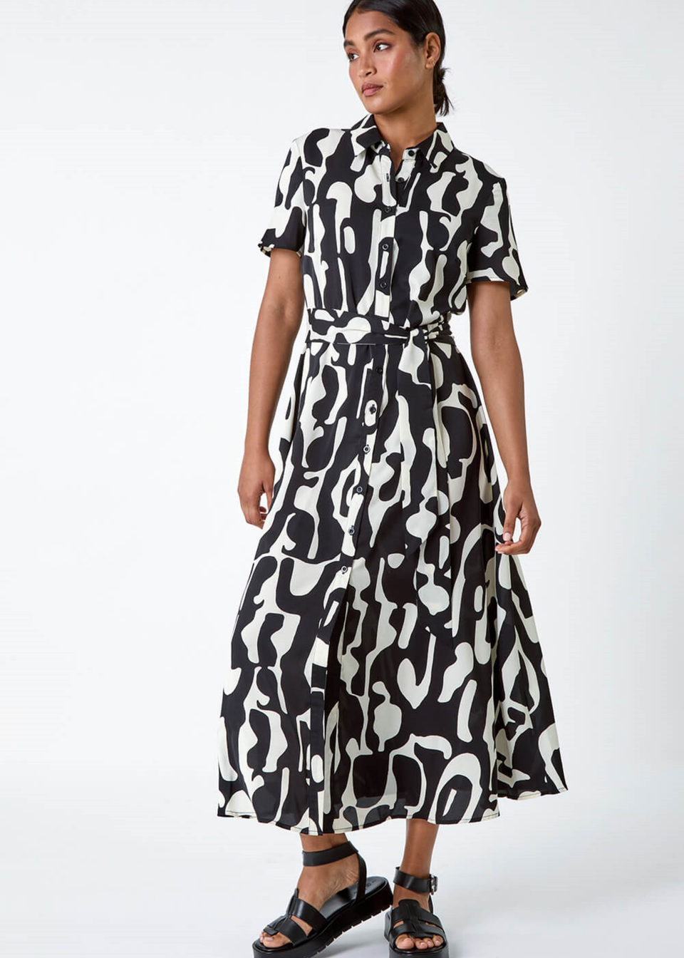 Roman Black Abstract Print Fit Flare Shirt Dress Matalan