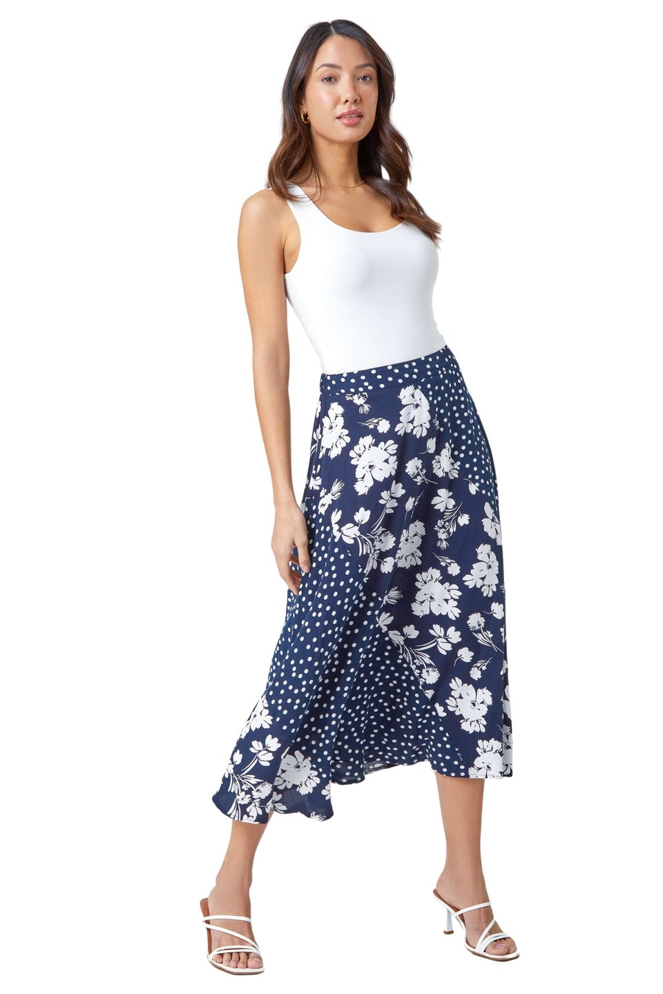 Roman Blue Mixed Floral Spot Print A Line Midi Skirt