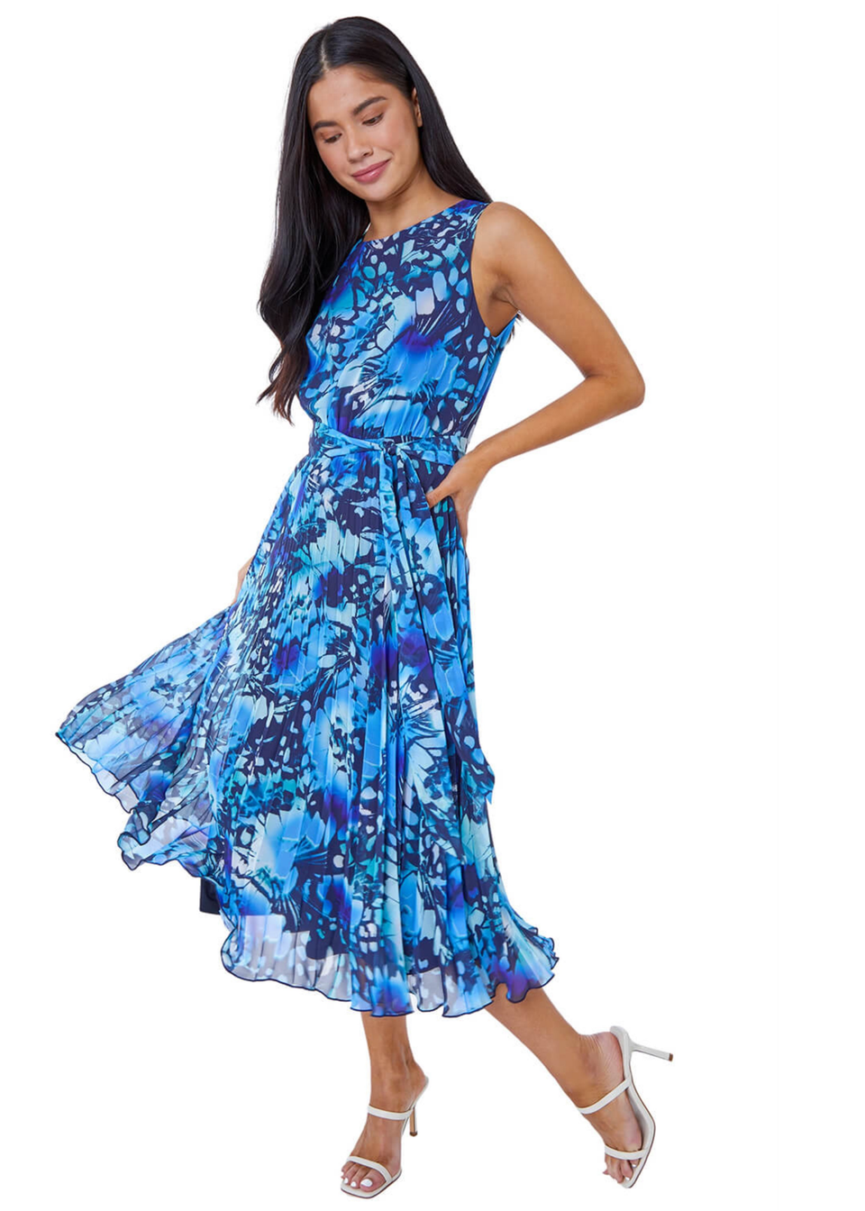 Roman Blue Petite Abstract Print Pleated Dress