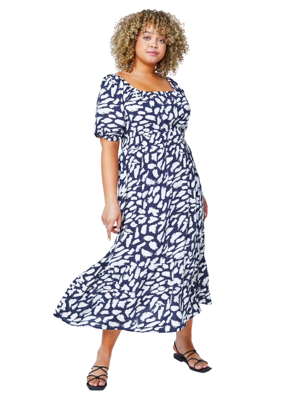 Roman Navy Curve Stretch Waist Midi Dress