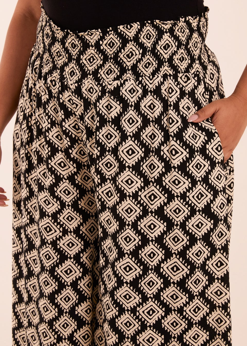 Blue Vanilla Black Curve Shirred Wide Leg Aztec Trouser