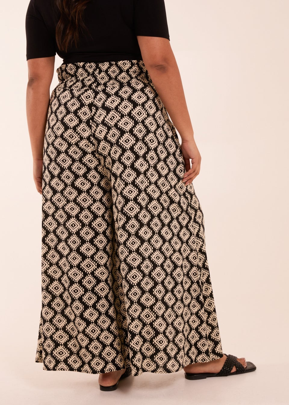 Blue Vanilla Black Curve Shirred Wide Leg Aztec Trouser