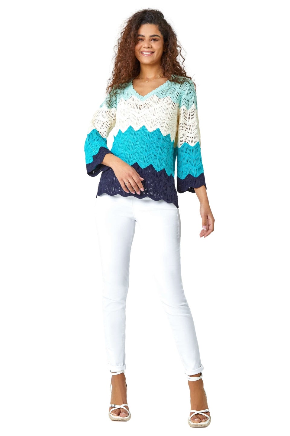 Roman Turquoise Colour Block Crochet Knit Jumper