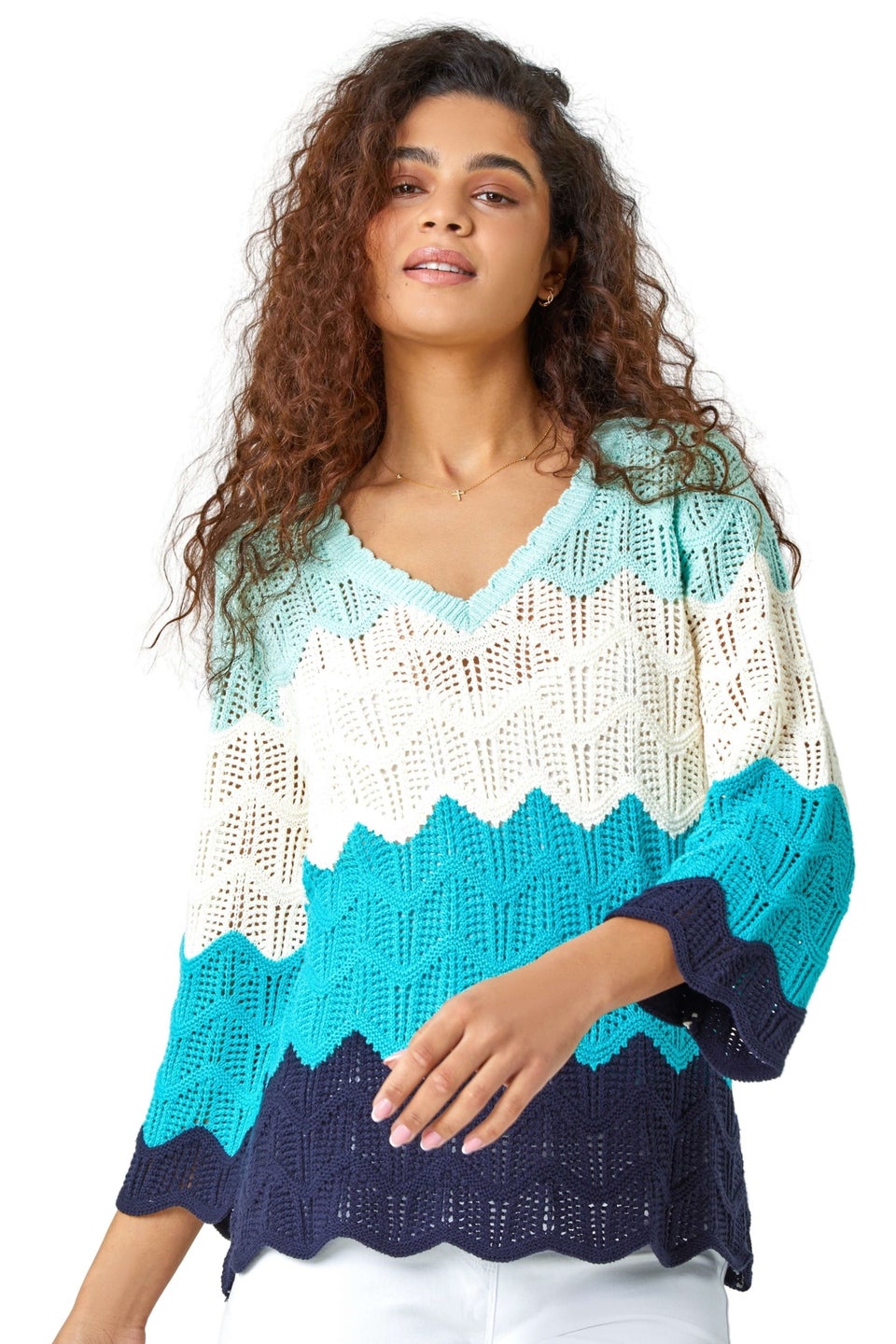 Roman Turquoise Colour Block Crochet Knit Jumper