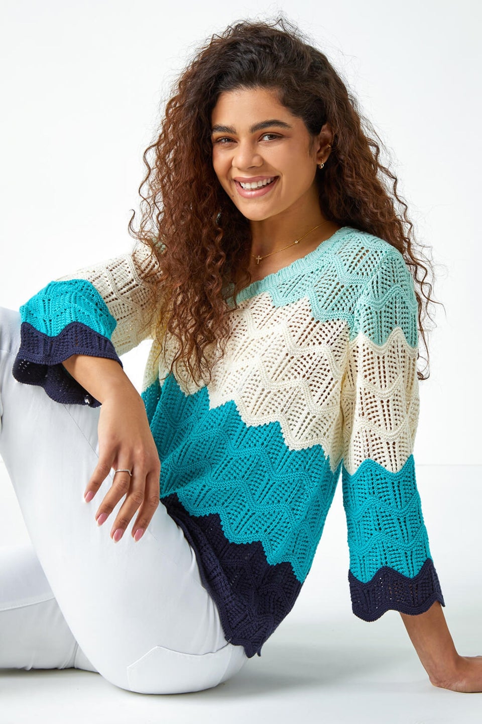 Roman Turquoise Colour Block Crochet Knit Jumper