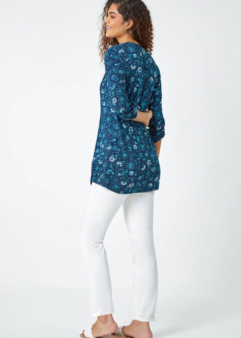 Roman Teal Ditsy Floral Pintuck Stretch Top
