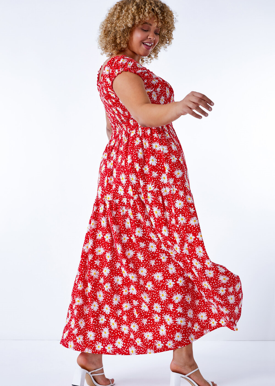 Roman Red Curve Floral Shirred Bardot Dress