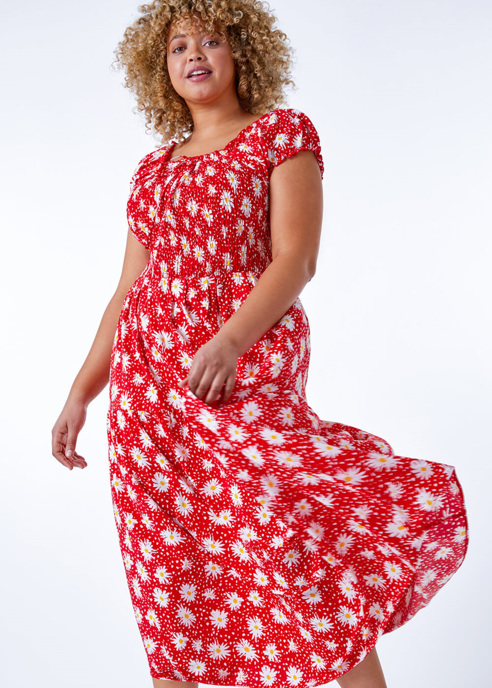 Roman Red Curve Floral Shirred Bardot Dress