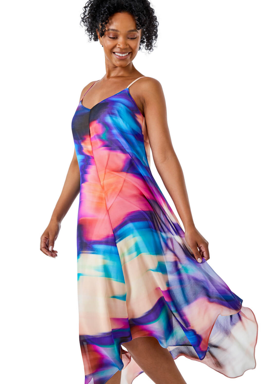 Roman Blue Petite Tie Dye Hanky Hem Dress Matalan