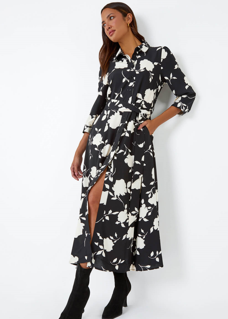 Roman Black Floral Print Midi Shirt Stretch Dress