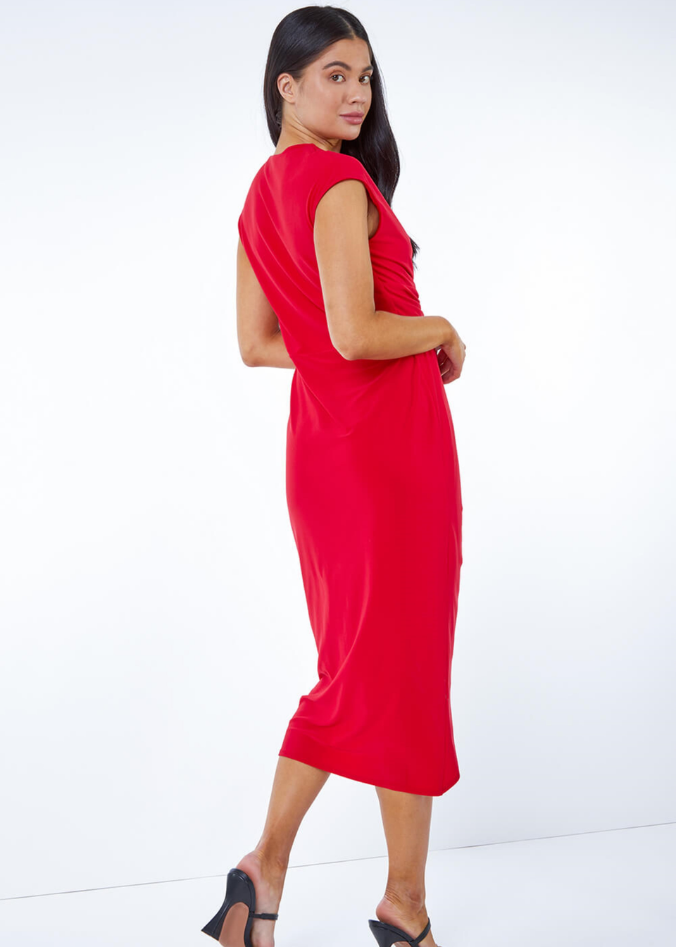 Roman Red Petite Ruched Wrap Midi Dress