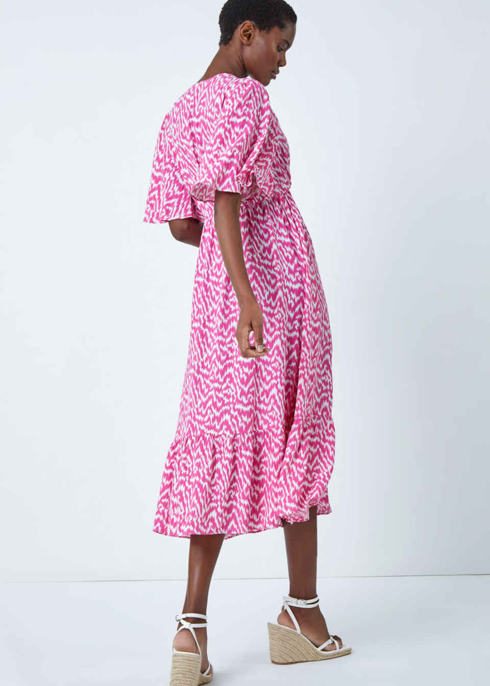 Roman Pink Zig Zag Print Tiered Hem Midi Dress Matalan