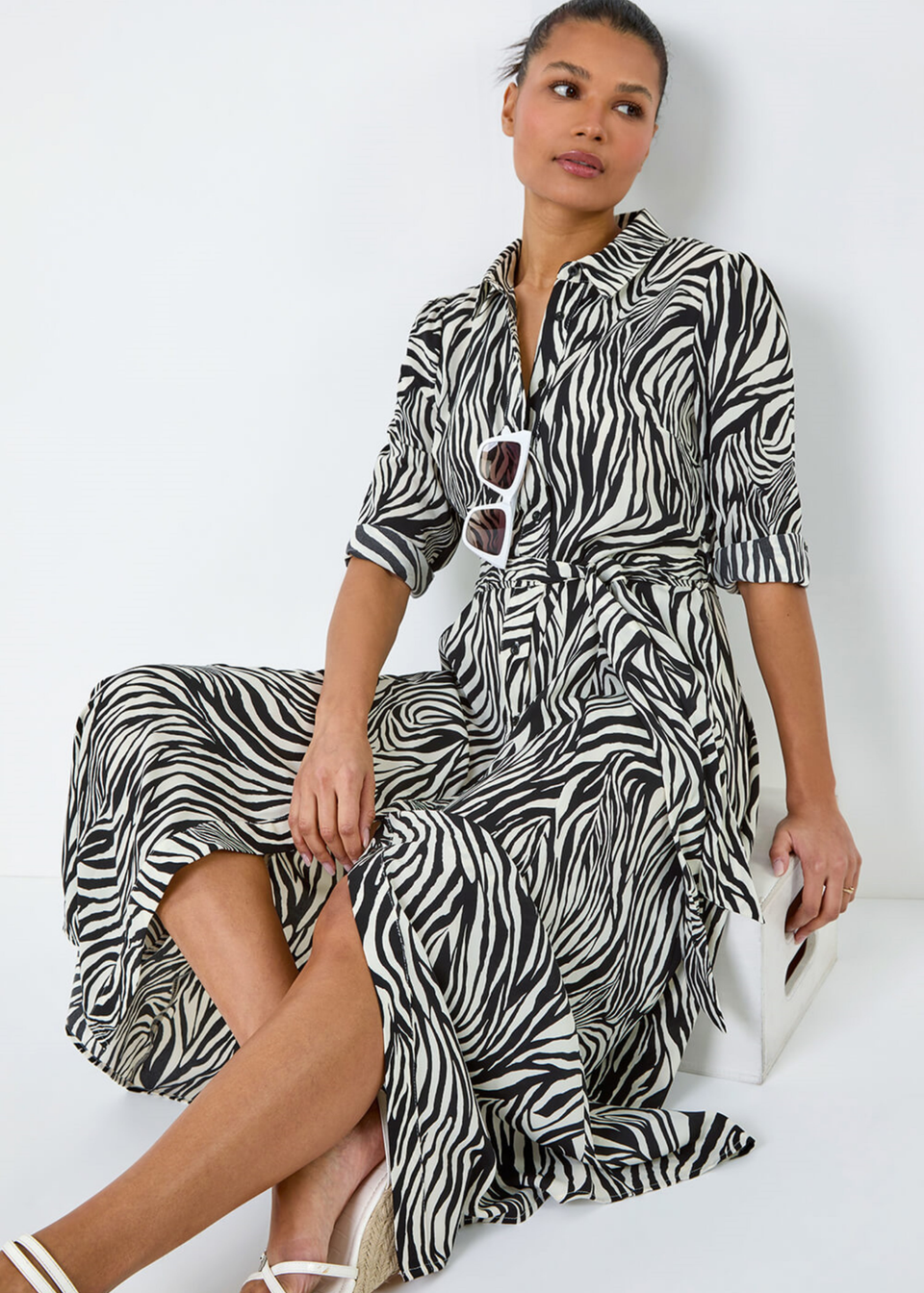 Roman Black Zebra Print Midi Shirt Dress