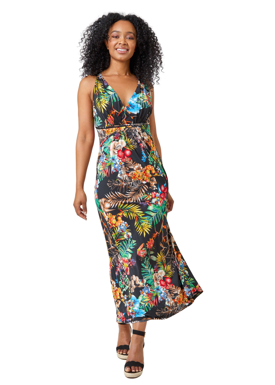 Roman Black Petite Sleeveless Tropical Maxi Stretch Dress