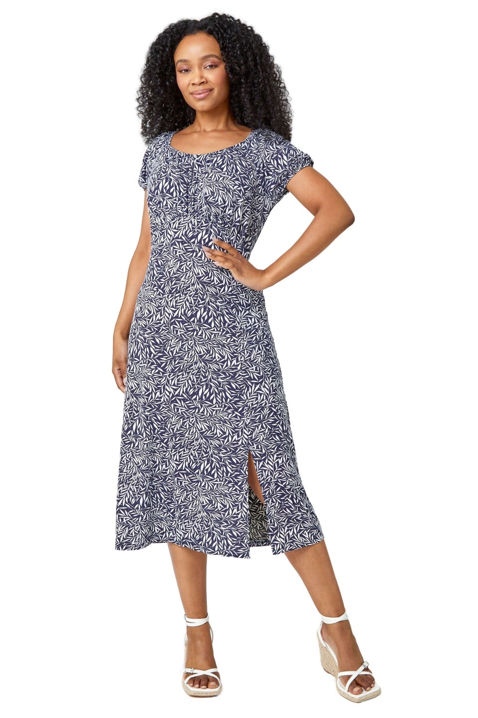 Roman Blue Petite Leaf Print Midi Stretch Dress