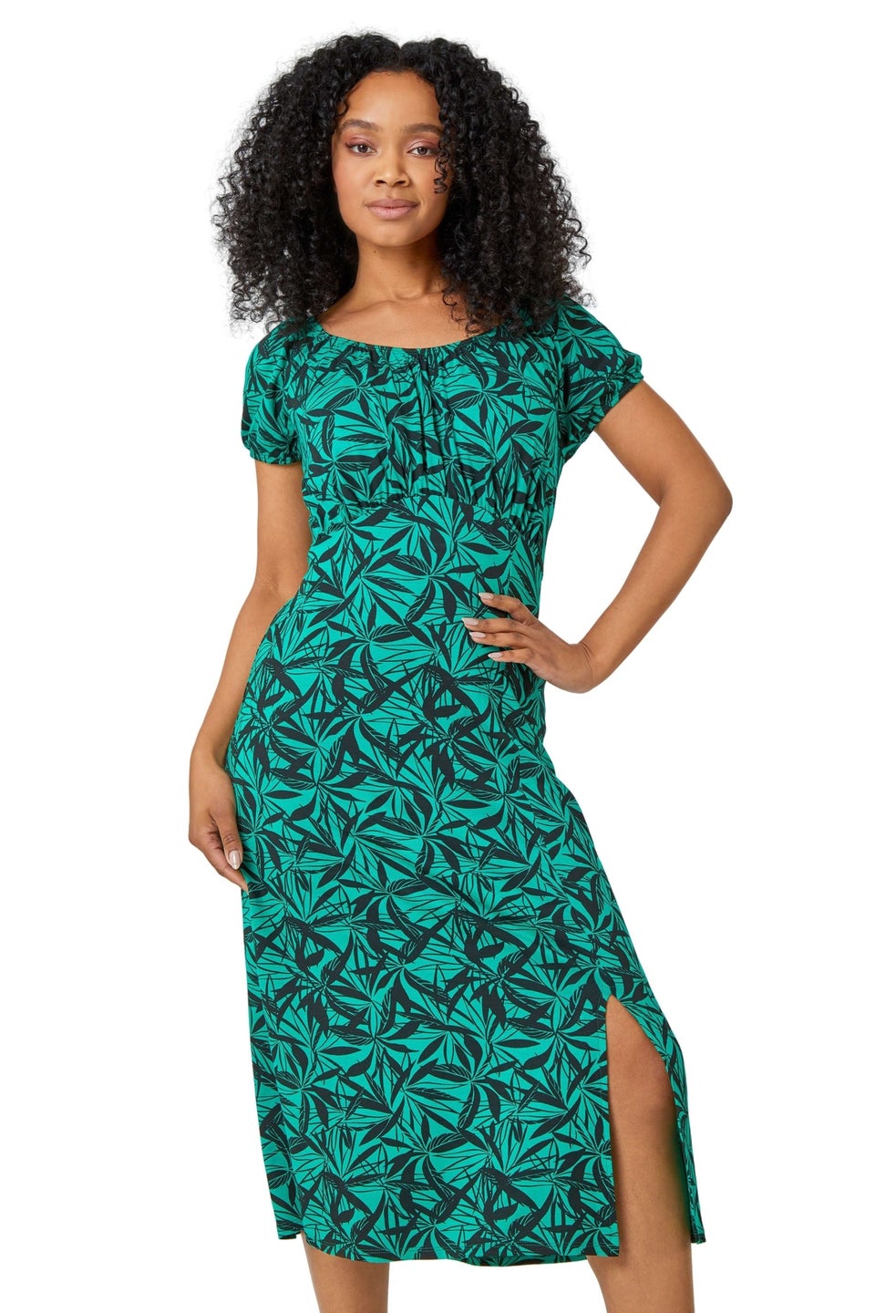 Roman Green Petite Leaf Print Midi Stretch Dress