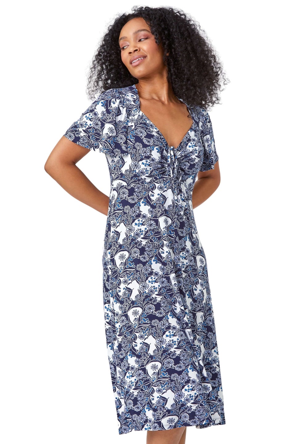 Roman Blue Petite Floral Ruched Stretch Tea Dress