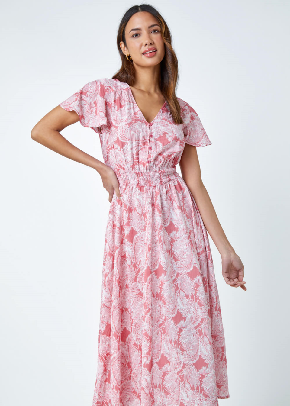 Roman Coral Palm Print Tiered Midi Dress