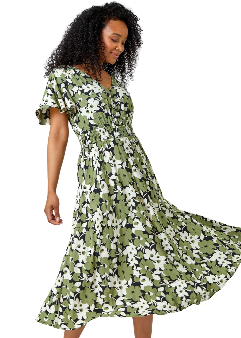 Roman Green Petite Floral Print Shirred Midi Dress