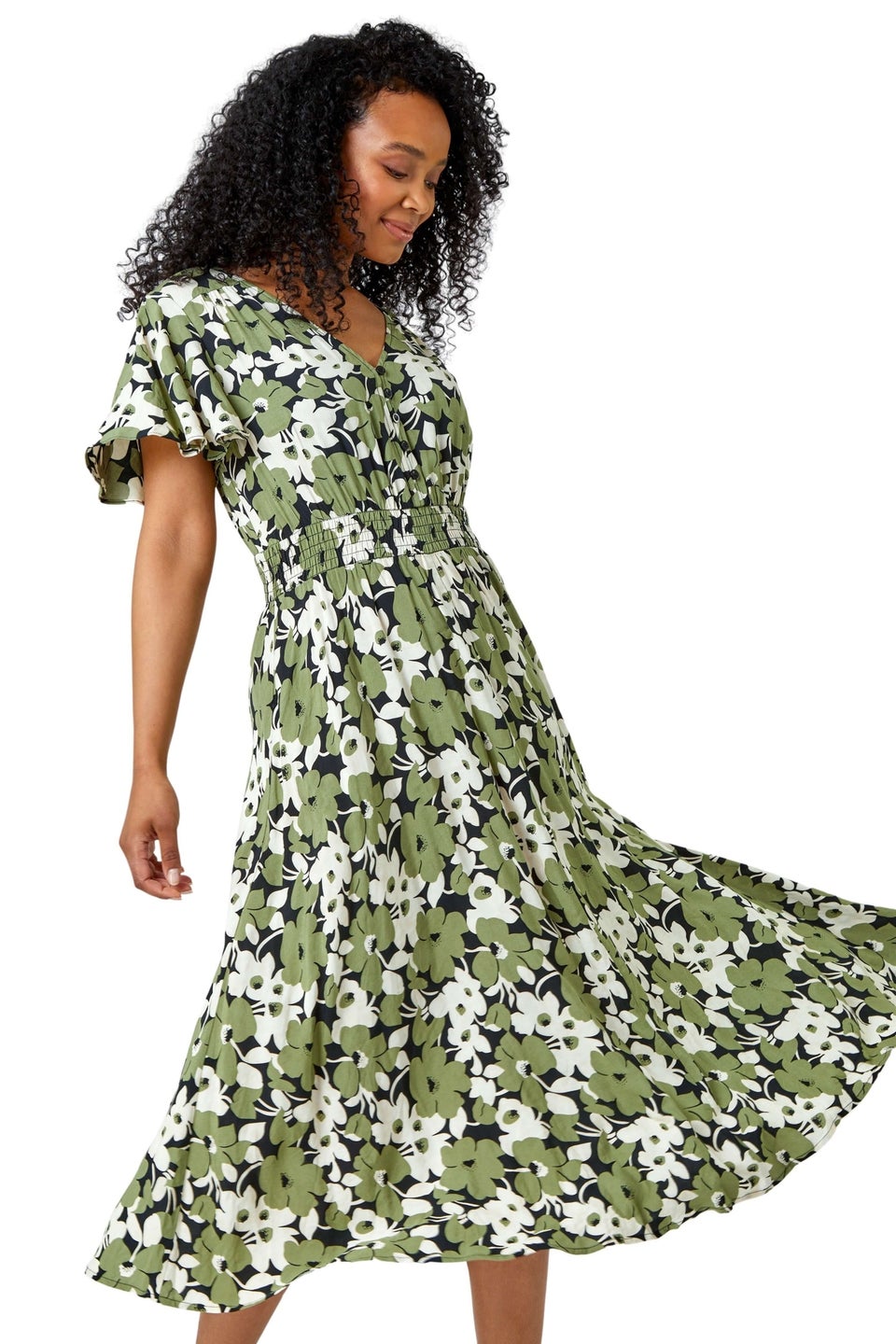Roman Green Petite Floral Print Shirred Midi Dress