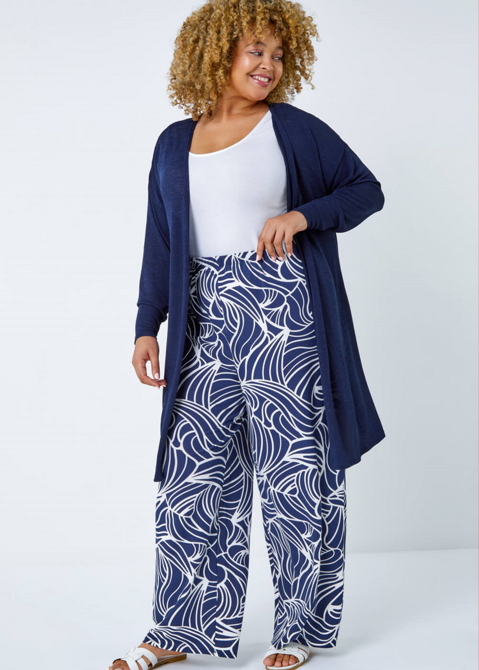 Roman Navy Curve Linear Print Palazzo Trousers