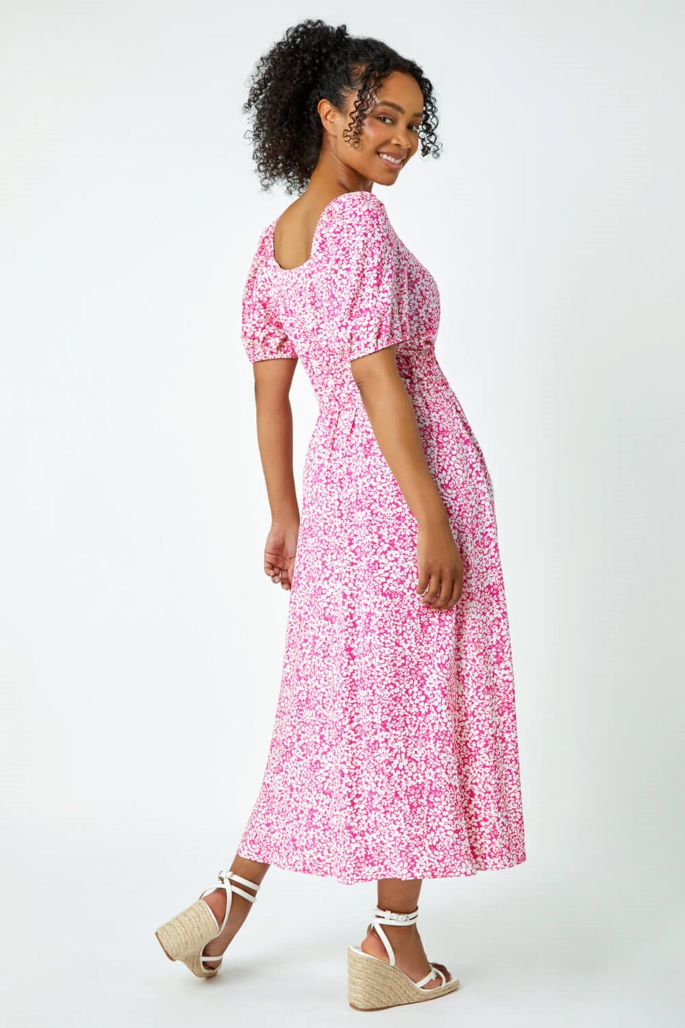 Roman Pink Petite Ditsy Floral Stretch Midi Dress