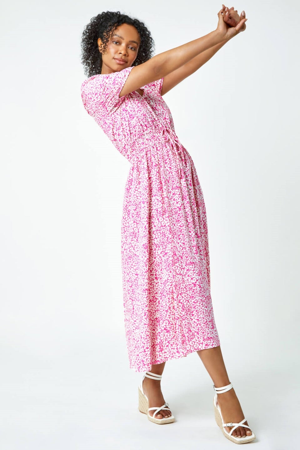 Roman Pink Petite Ditsy Floral Stretch Midi Dress
