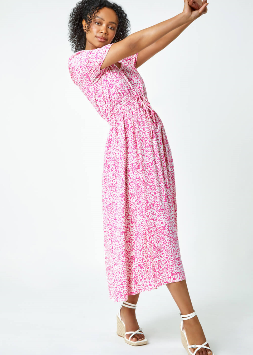 Roman Pink Petite Ditsy Floral Stretch Midi Dress