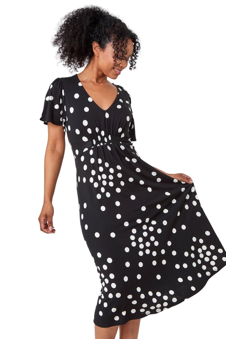 Roman Black Petite Polka Dot Stretch Midi Dress