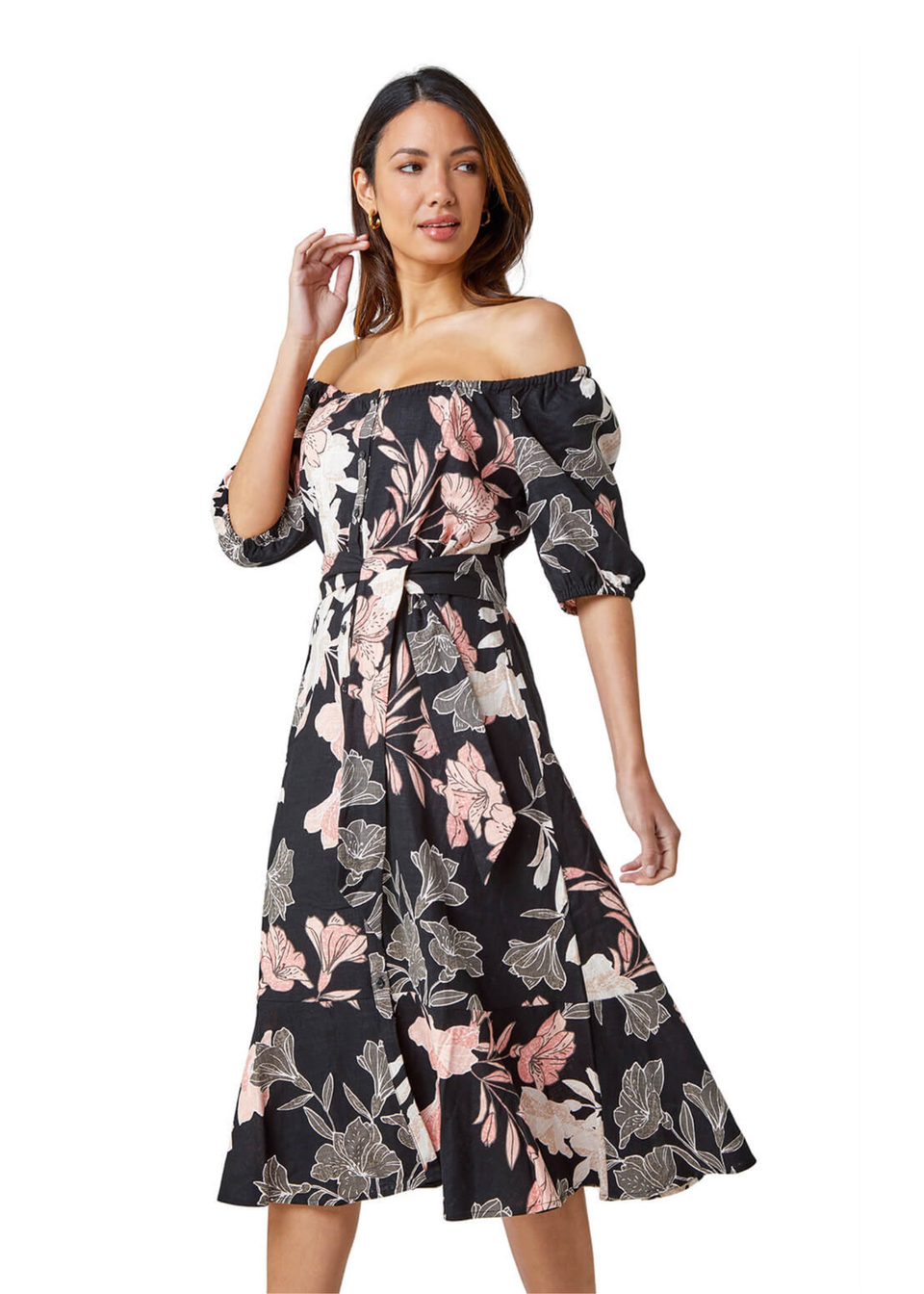 Roman Black Floral Linen Blend Bardot Midi Dress