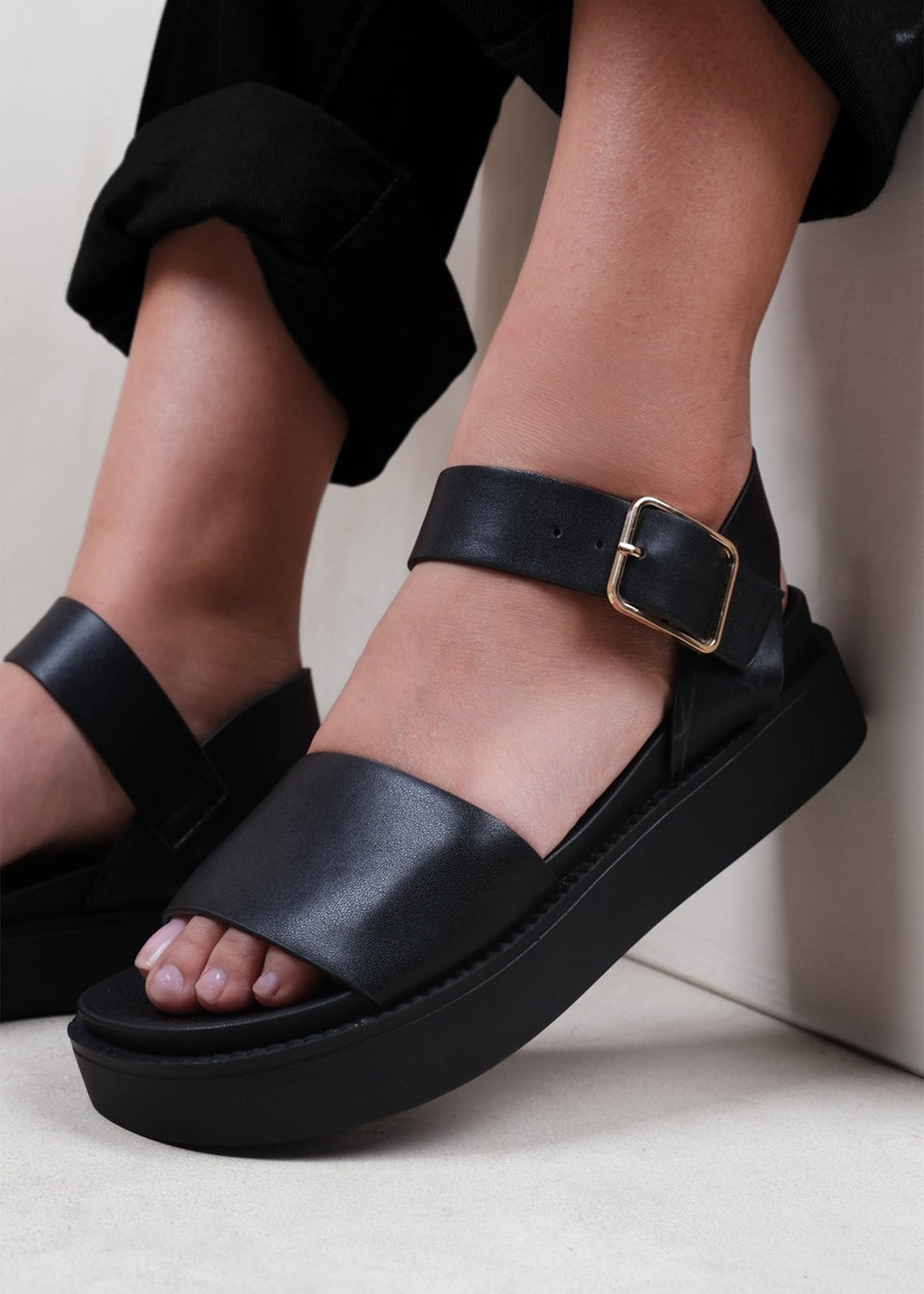 Where's That From Black Phoenix Wide Fit PU Flat Sandals