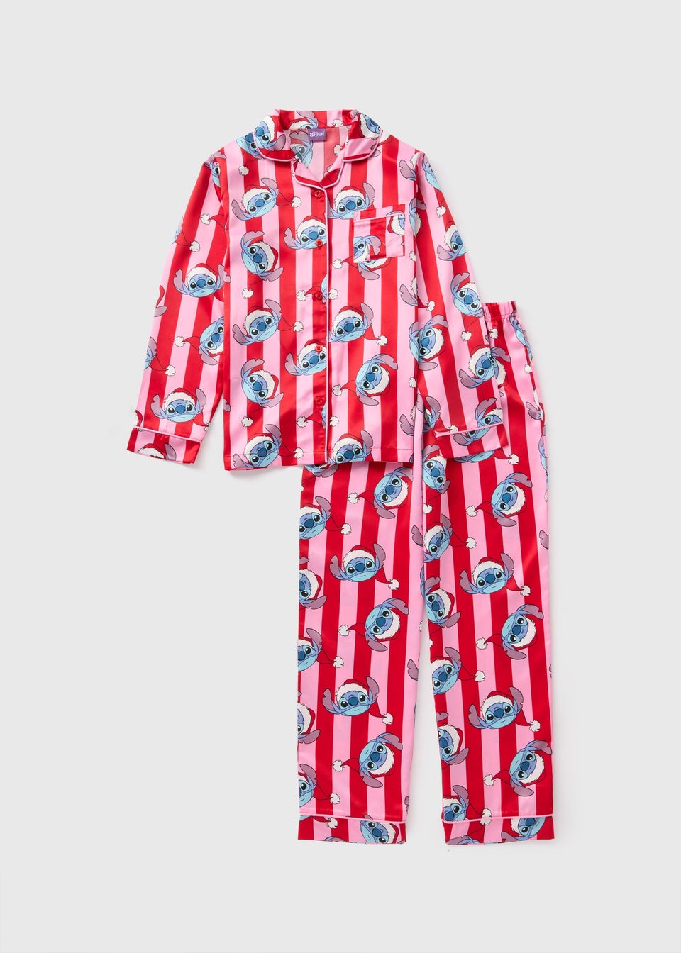 Disney Girls Pink Christmas Stitch Satin Pyjama Set 4 13yrs Matalan