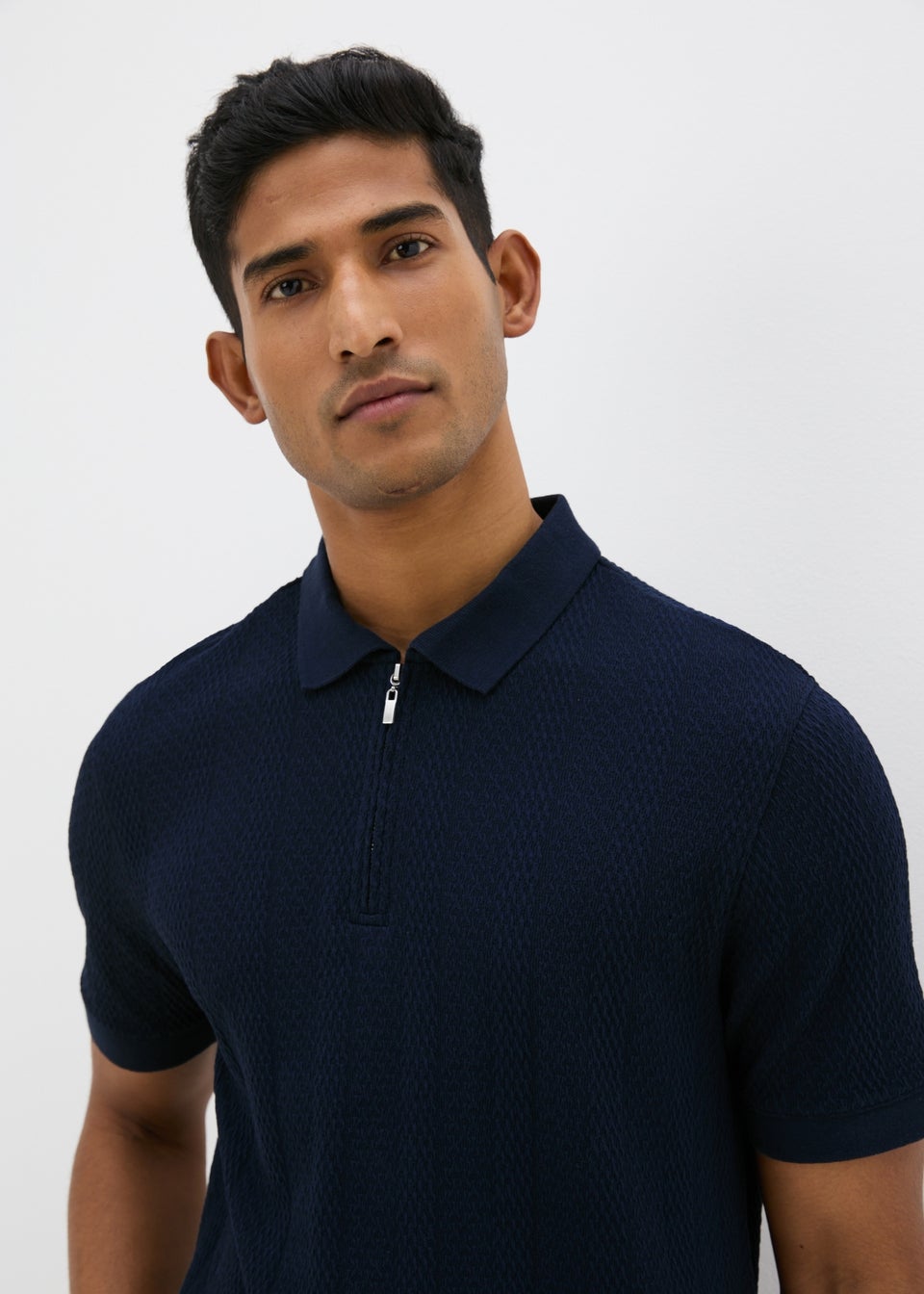 Navy Jacquard 1/4 Zip Knit Polo Shirt