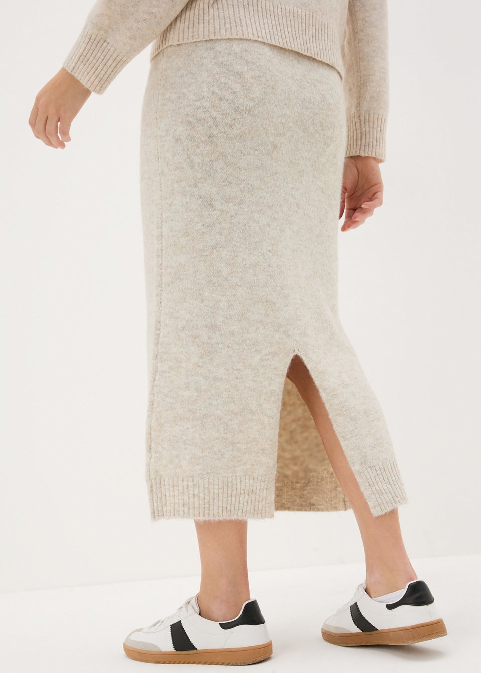 Beige Knitted Co-Ord Midi Skirt