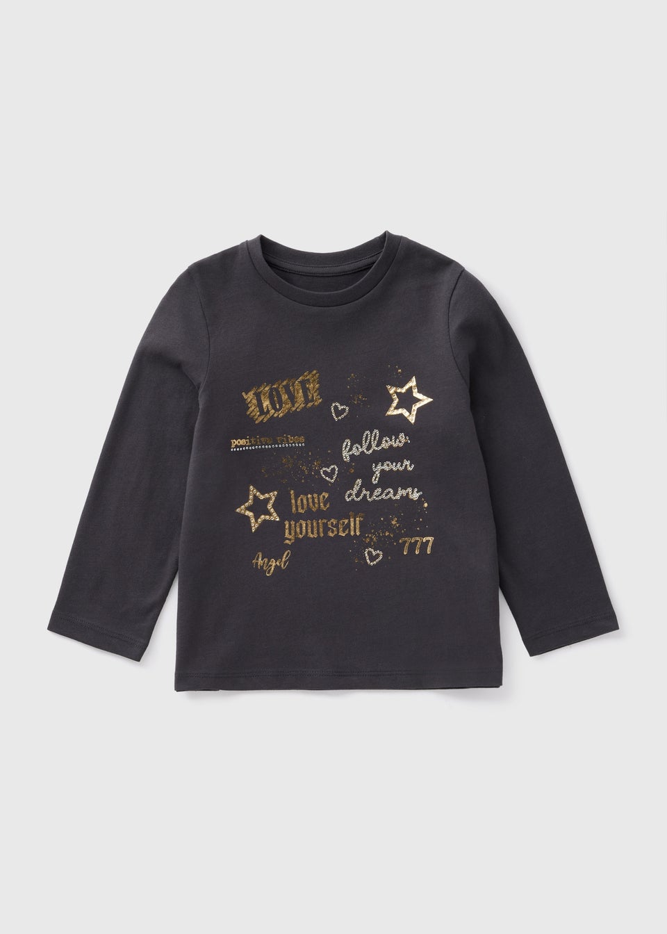 Girls Charcoal Slogan Embellished Long Sleeve Top (1-7yrs)