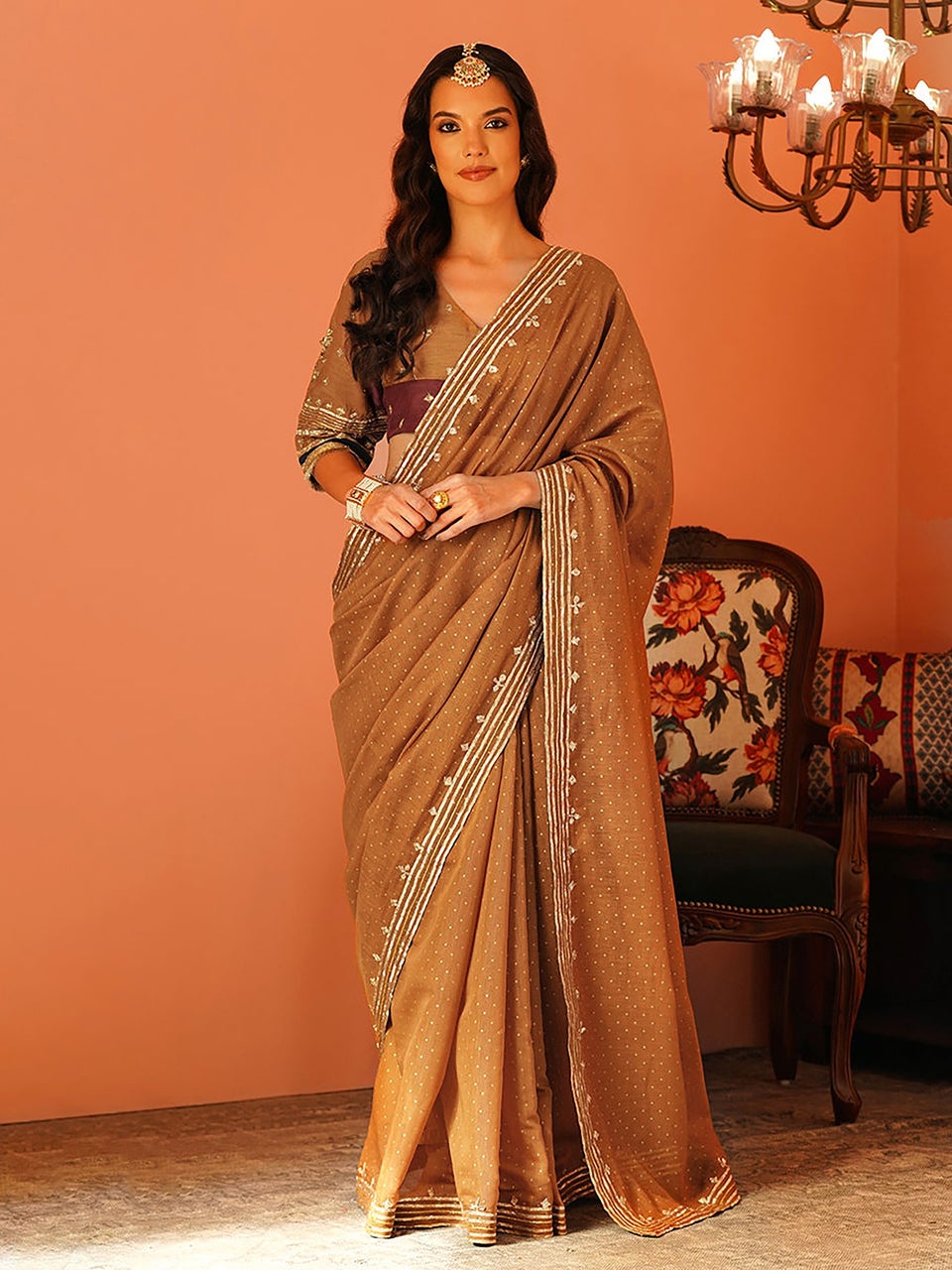 Women Brown Gota Embroidered Silk Cotton Saree